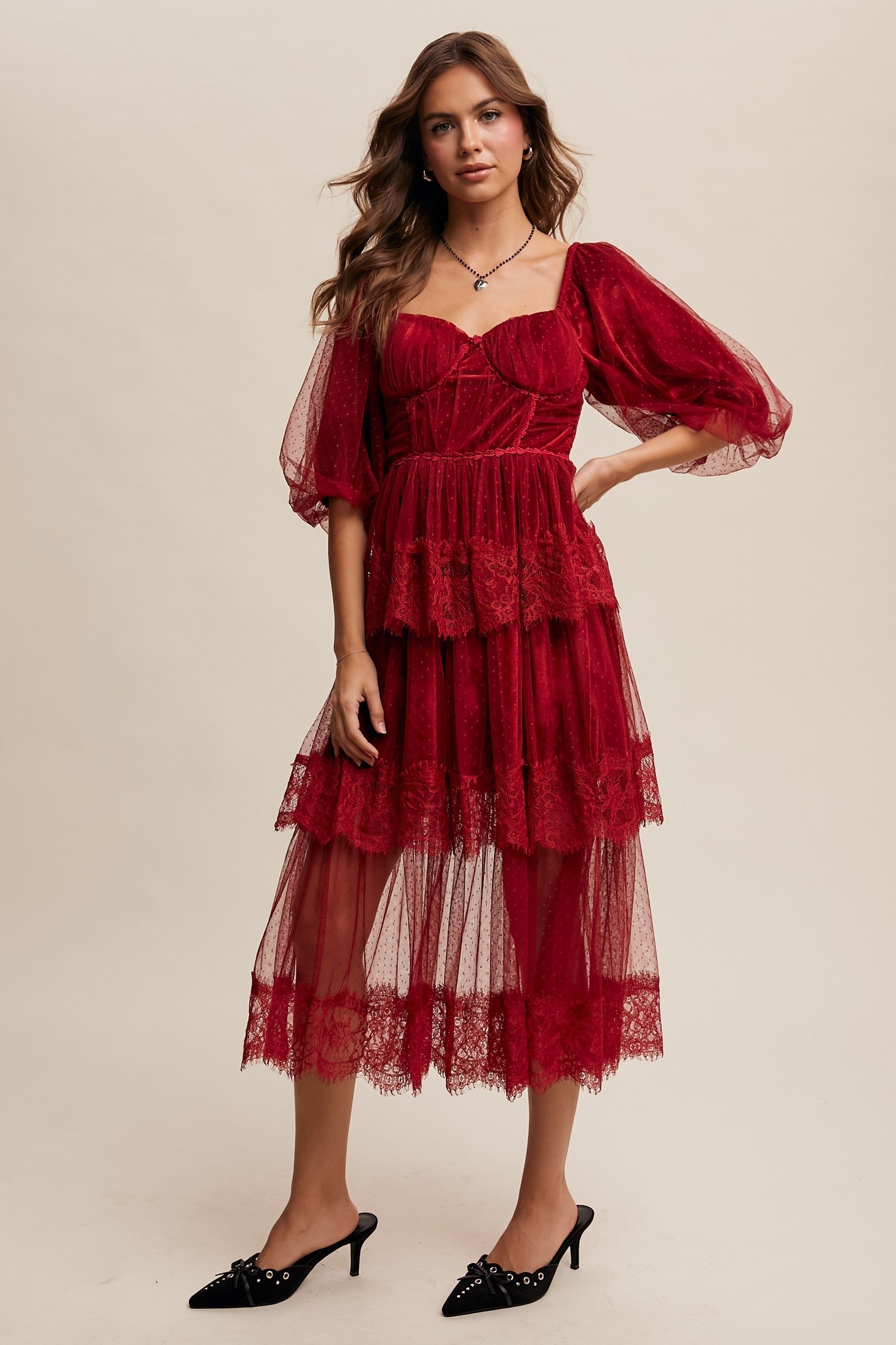 Tiered Lace and Velvet Bustier Midi Dress with Puff Sleeves - Listicle - RARA Boutique 