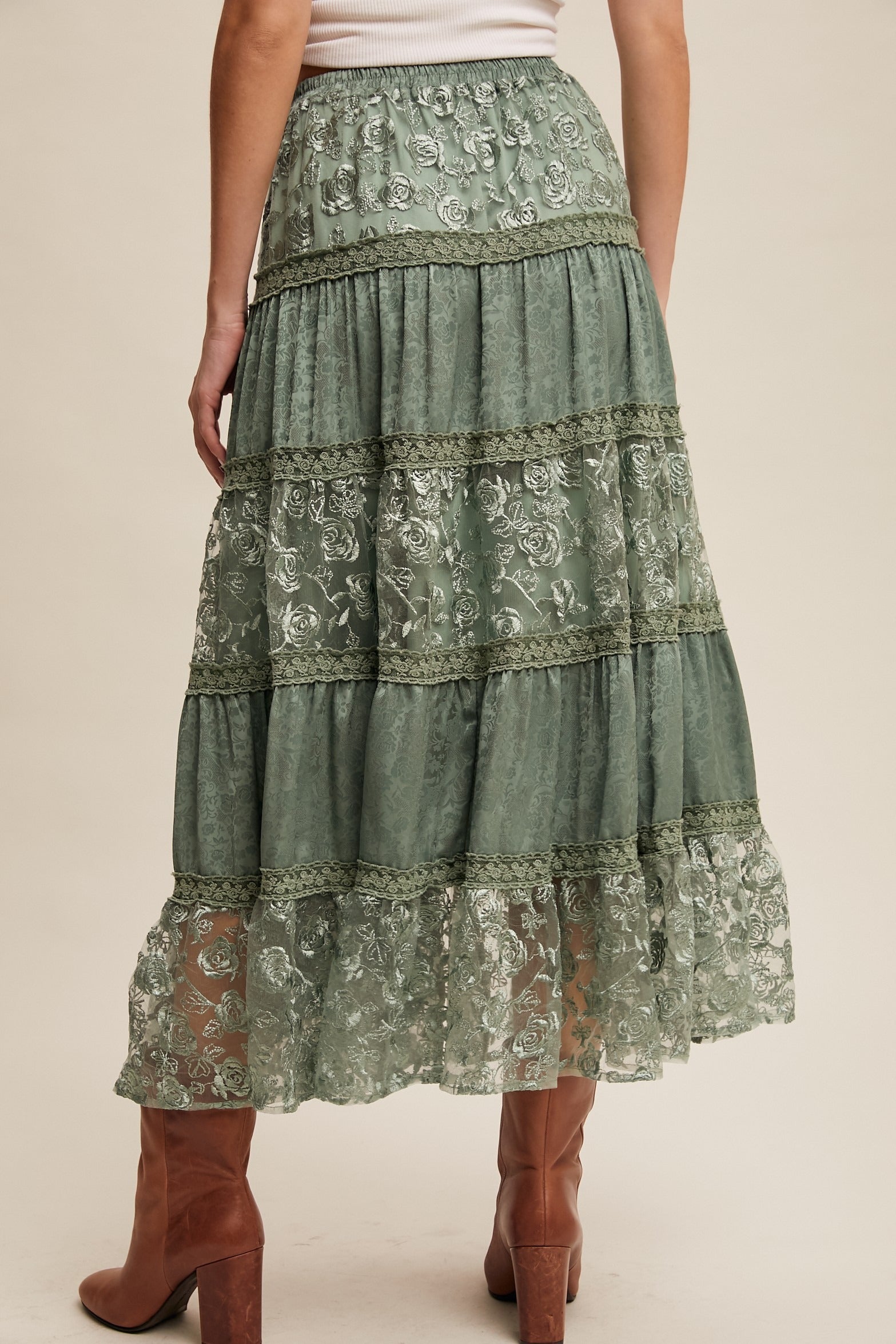 Floral Lace Embroidered Tiered Maxi Skirt - Listicle - RARA Boutique 