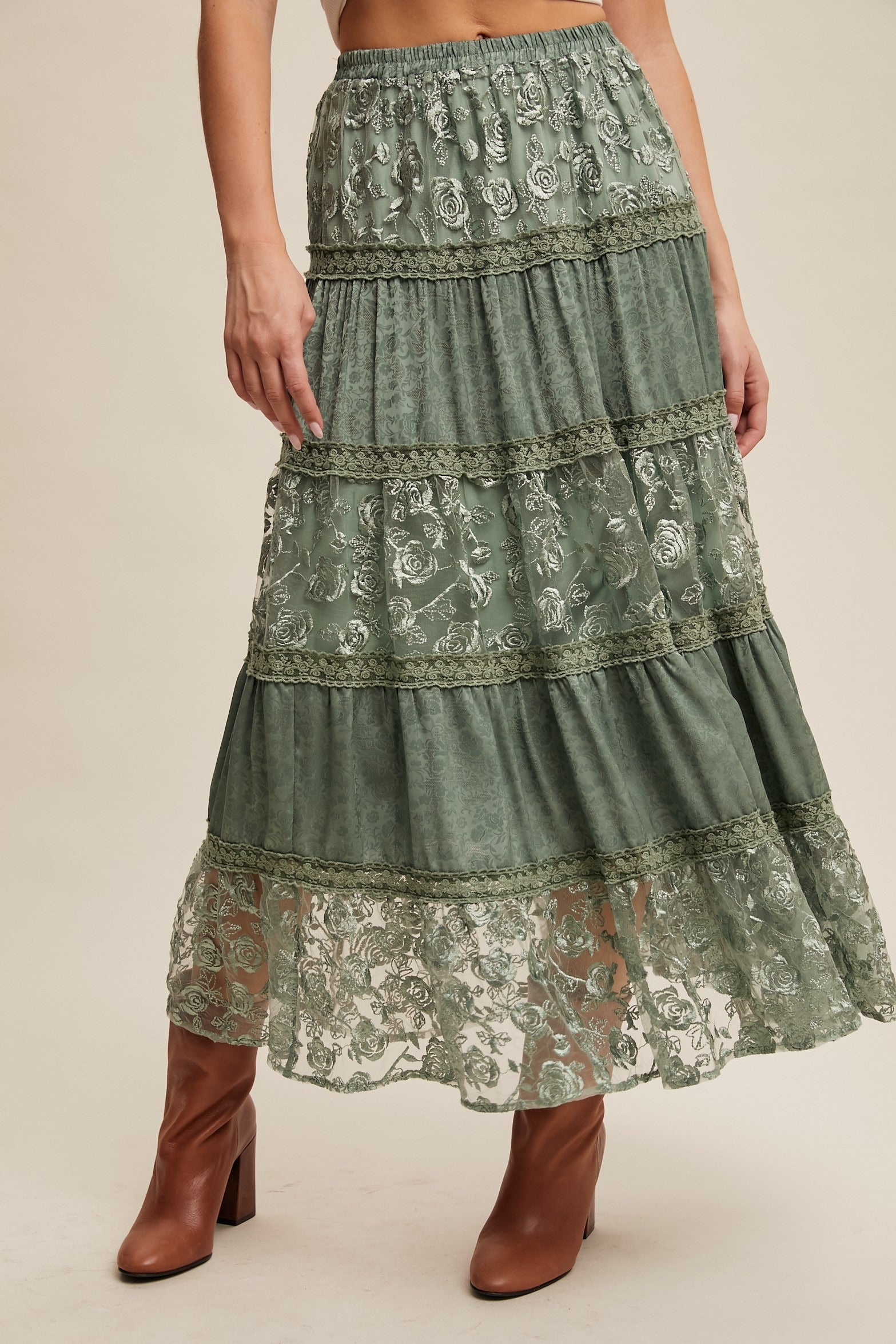 Floral Lace Embroidered Tiered Maxi Skirt - Listicle - RARA Boutique 