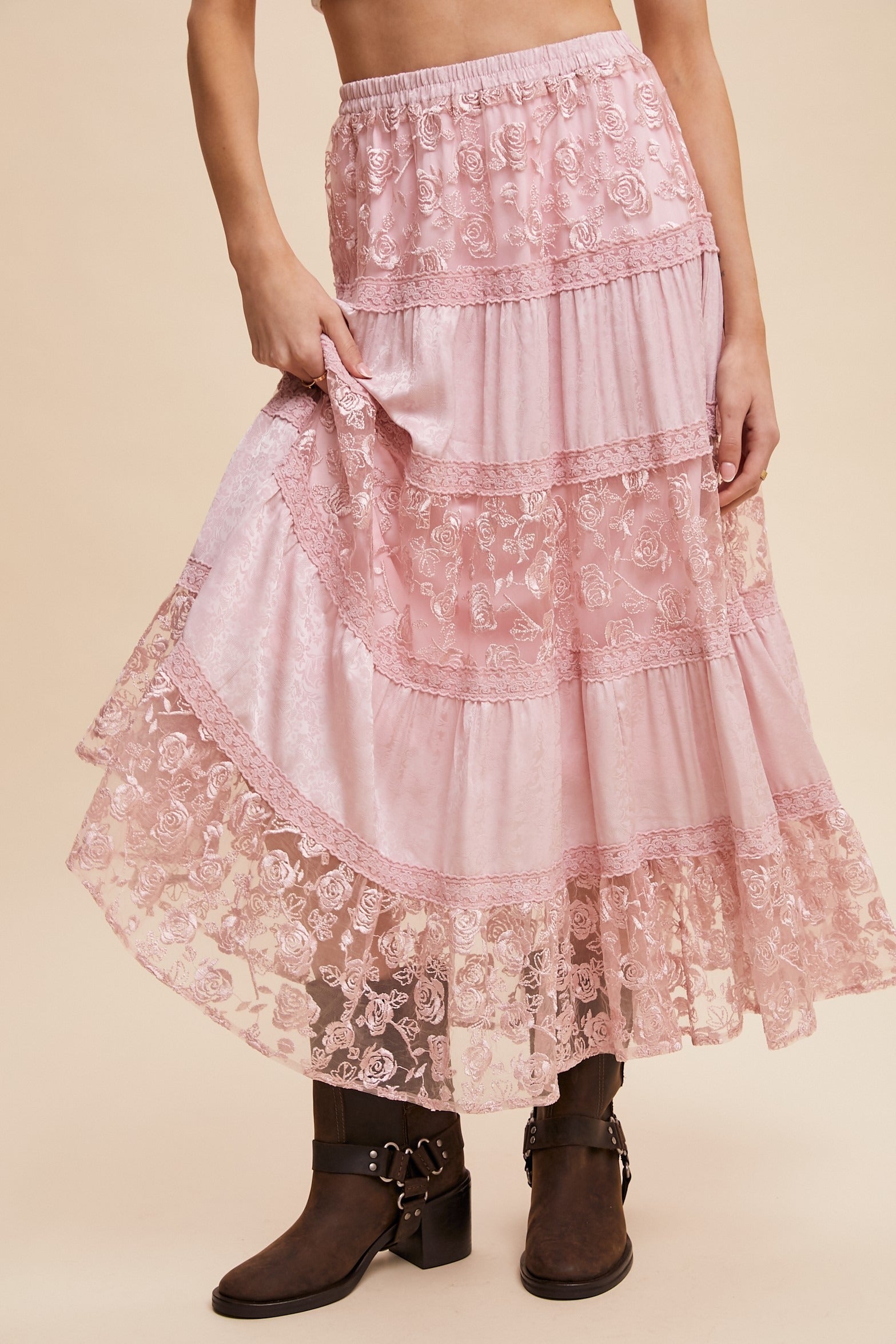 Floral Lace Embroidered Tiered Maxi Skirt - Listicle - RARA Boutique 