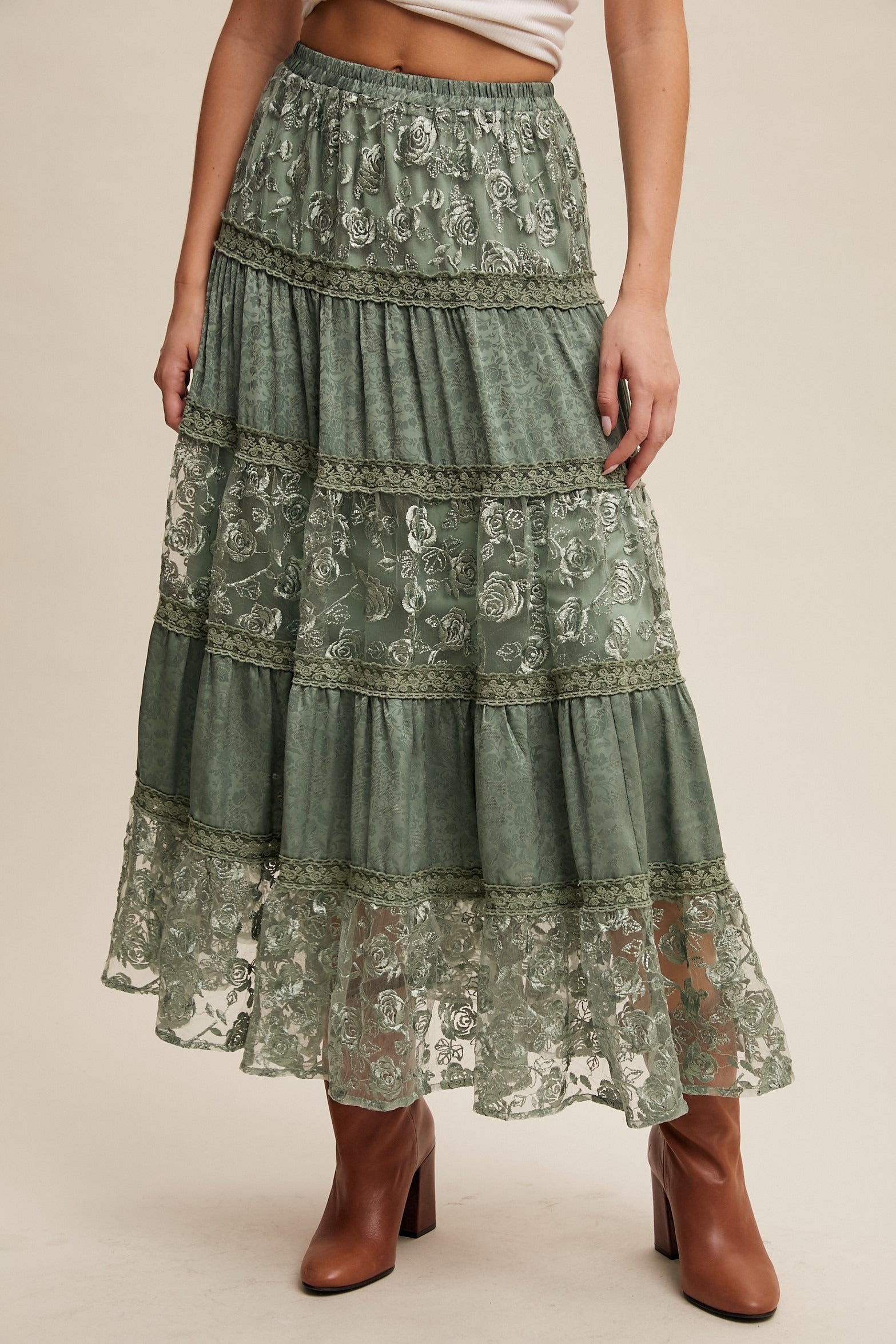 Floral Lace Embroidered Tiered Maxi Skirt - Listicle - RARA Boutique 