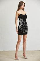 Rhinestone Velvet Corset Mini Dress with Draped Chains - BLITHE - RARA Boutique 