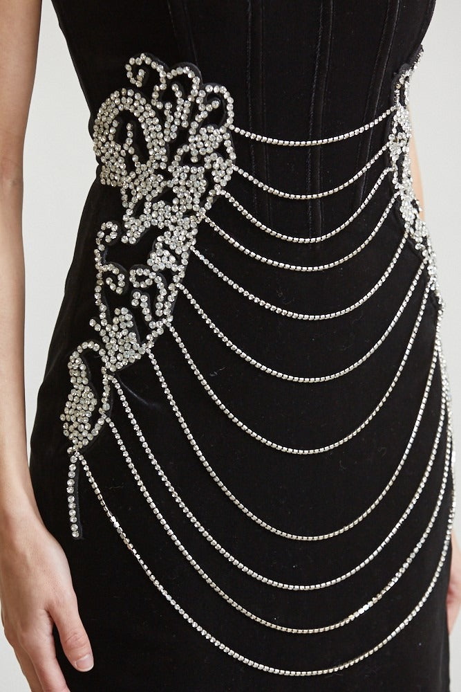 Rhinestone Velvet Corset Mini Dress with Draped Chains - BLITHE - RARA Boutique 