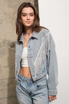 Chevron Rhinestone Fringe Sparkle Denim Jacket - RARA Boutique 