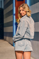 Chevron Rhinestone Fringe Sparkle Denim Jacket - RARA Boutique 