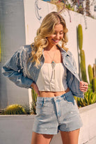 Chevron Rhinestone Fringe Sparkle Denim Jacket - RARA Boutique 