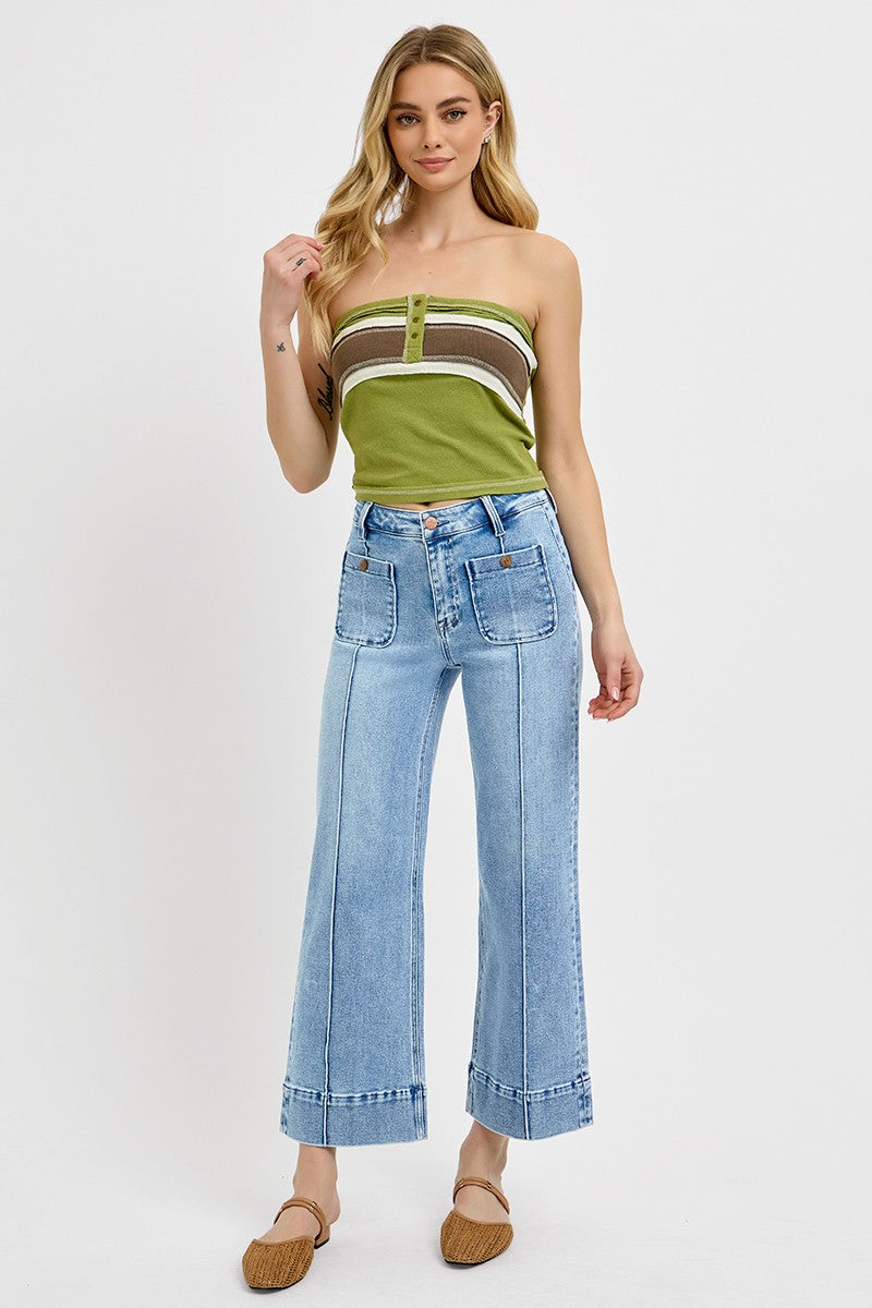 Pintuck Square Patch Pocket Wide Leg Cropped Jeans - Risen - RARA Boutique 