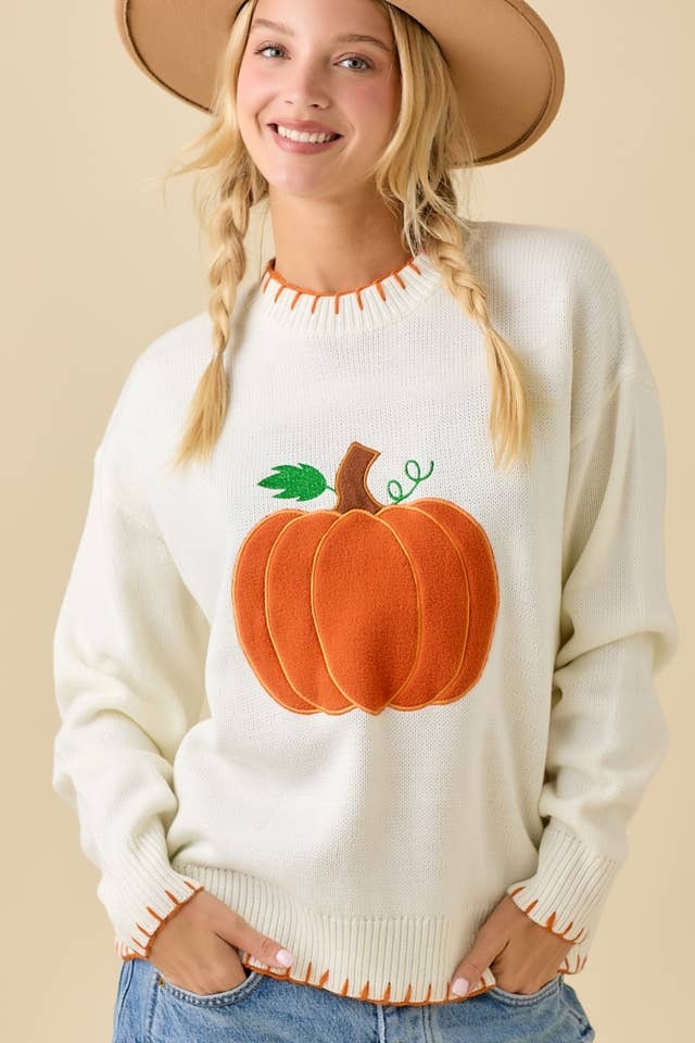 Textured Pumpkin Patch Sweater Knit Top with Stitching Detail - Main Strip - RARA Boutique 