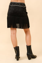 Double Belted Star Studded Suede Fringe Mini Skirt - RARA Boutique 