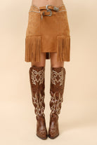 Double Belted Star Studded Suede Fringe Mini Skirt - RARA Boutique 