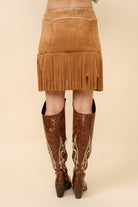 Double Belted Star Studded Suede Fringe Mini Skirt - RARA Boutique 