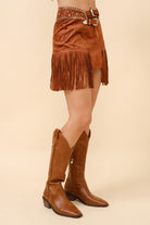 Double Belted Star Studded Suede Fringe Mini Skirt - RARA Boutique 