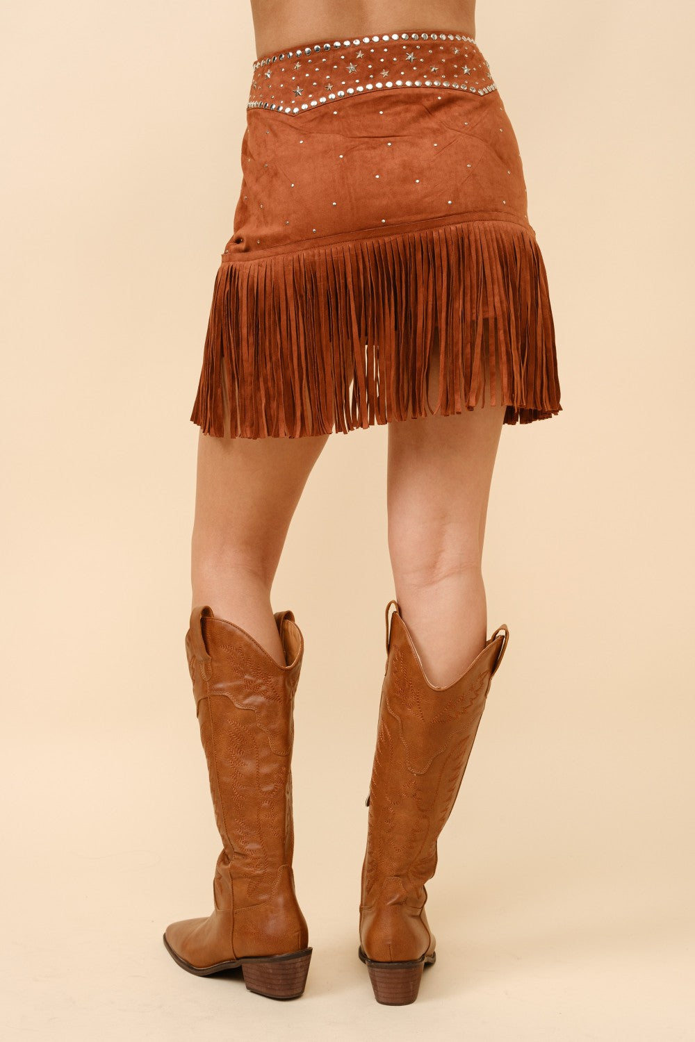 Double Belted Star Studded Suede Fringe Mini Skirt - RARA Boutique 