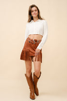 Double Belted Star Studded Suede Fringe Mini Skirt - RARA Boutique 