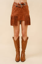 Double Belted Star Studded Suede Fringe Mini Skirt - RARA Boutique 