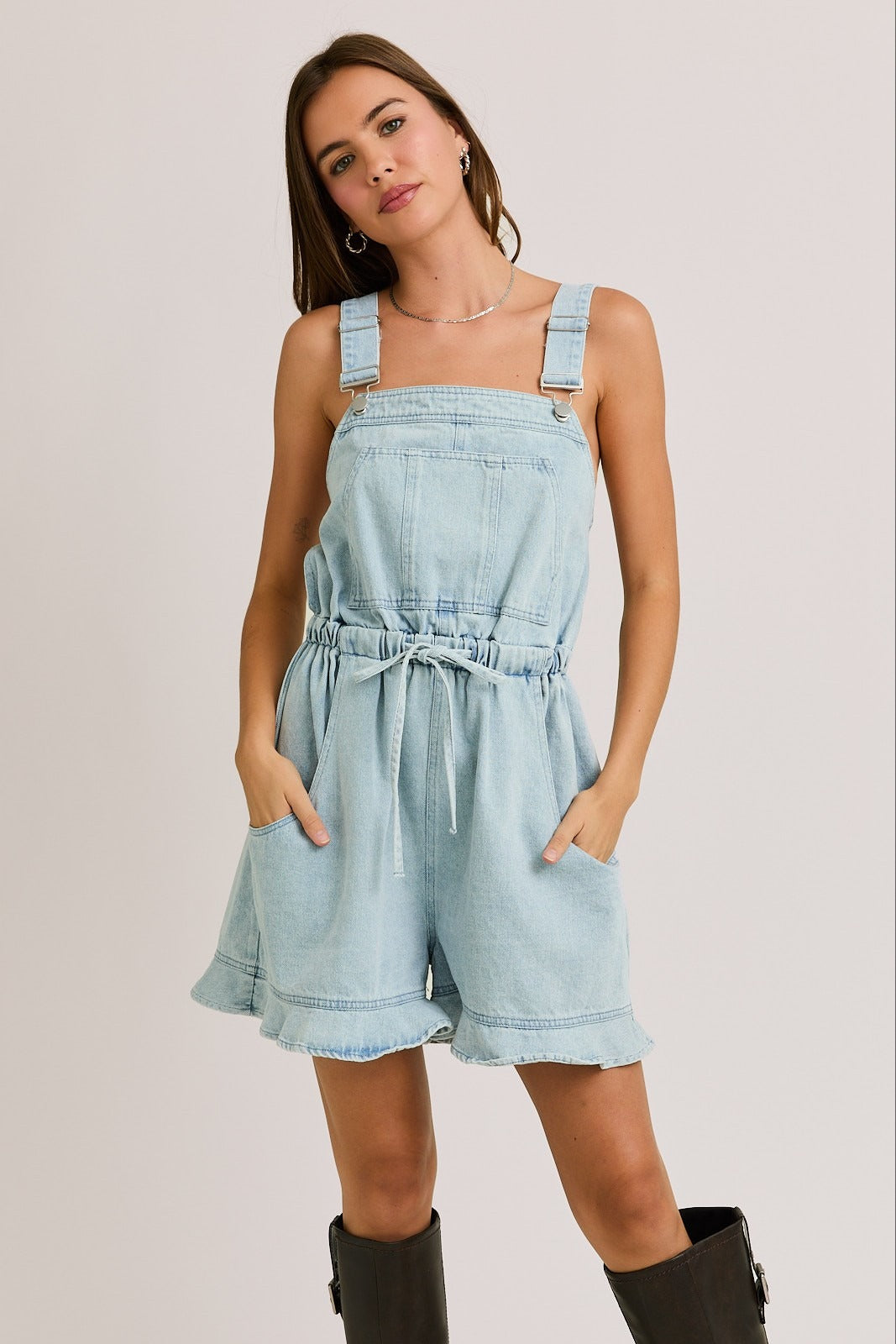 Ruffle Hem Open Back Denim Short Overalls - Le Lis - RARA Boutique 