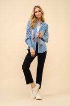 Embroidered Western Cowgirl Tencil Denim Shirt Blouse - Blue B - RARA Boutique 