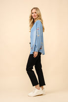 Embroidered Western Cowgirl Tencil Denim Shirt Blouse - Blue B - RARA Boutique 