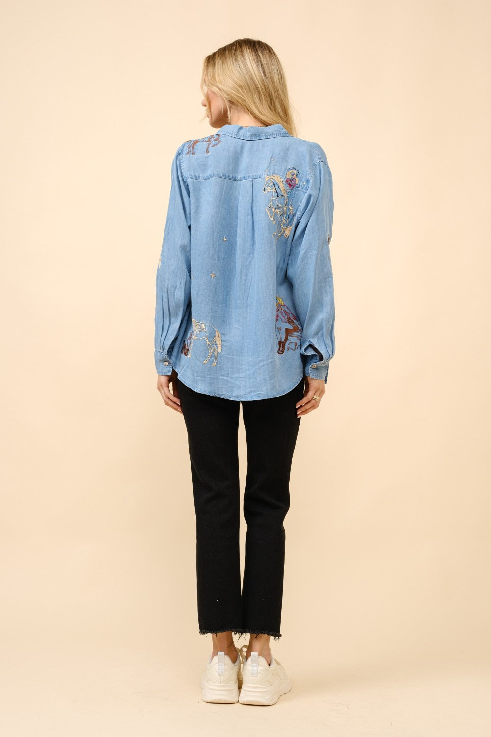 Embroidered Western Cowgirl Tencil Denim Shirt Blouse - Blue B - RARA Boutique 