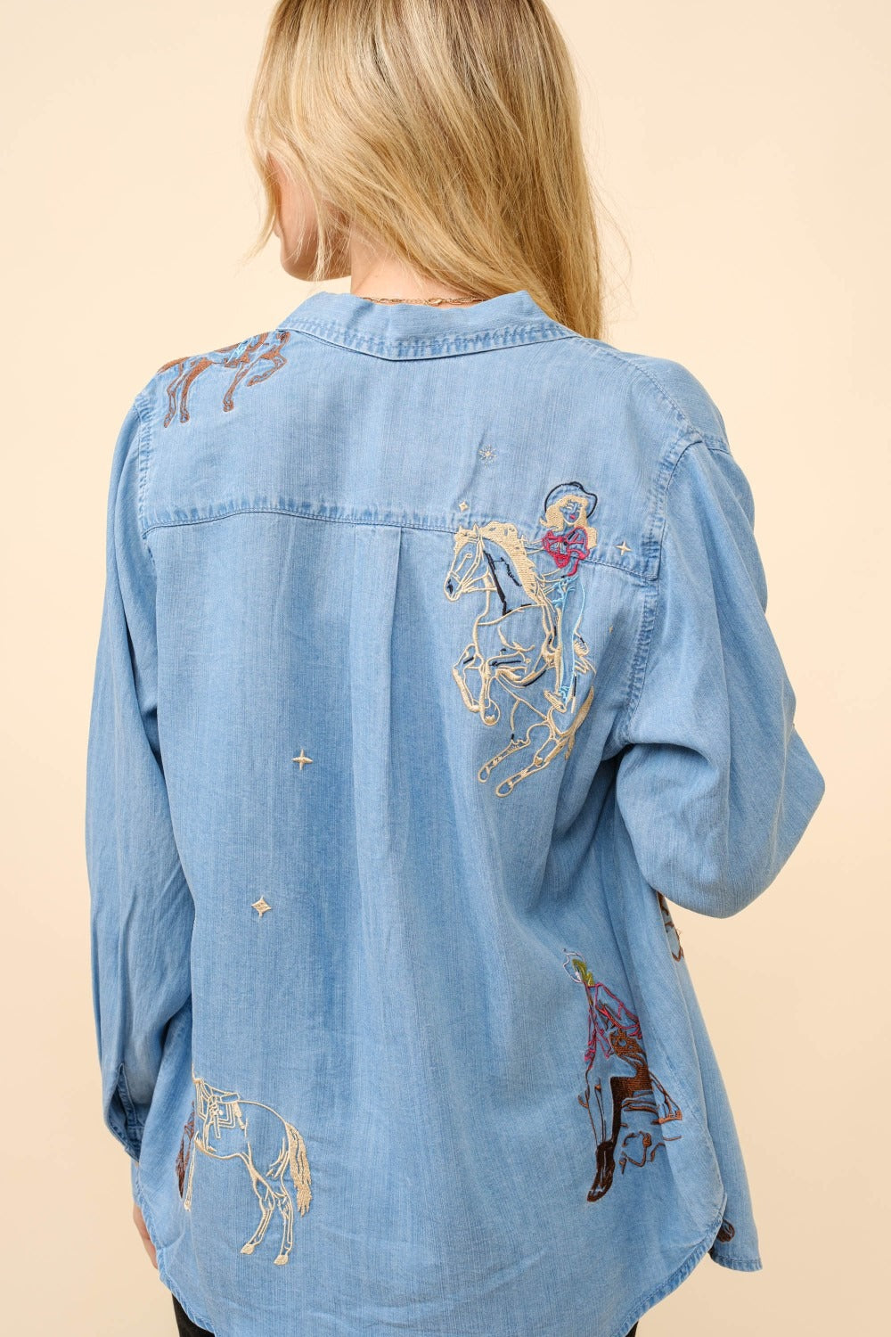 Embroidered Western Cowgirl Tencil Denim Shirt Blouse - Blue B - RARA Boutique 