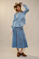 Western Ebroidered Snap Button Chambray Shirt Blouse - Blue B - RARA Boutique 
