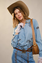 Western Ebroidered Snap Button Chambray Shirt Blouse - Blue B - RARA Boutique 