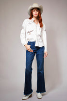 Western Ebroidered Snap Button Chambray Shirt Blouse - Blue B - RARA Boutique 