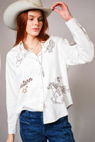 Western Ebroidered Snap Button Chambray Shirt Blouse - Blue B - RARA Boutique 