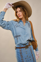 Western Ebroidered Snap Button Chambray Shirt Blouse - Blue B - RARA Boutique 