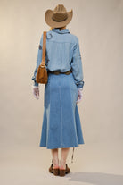 Western Ebroidered Snap Button Chambray Shirt Blouse - Blue B - RARA Boutique 