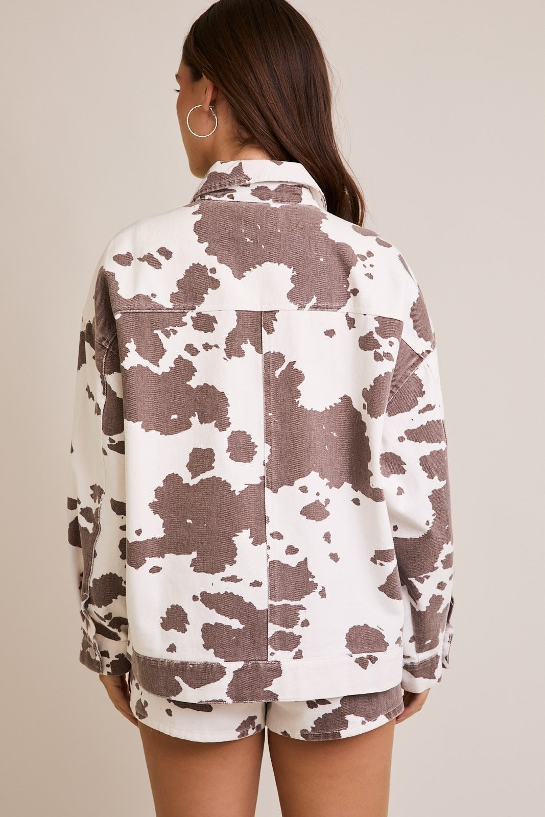 Oversized Denim Cow Print Zipper Utility Jacket - Le Lis - RARA Boutique 