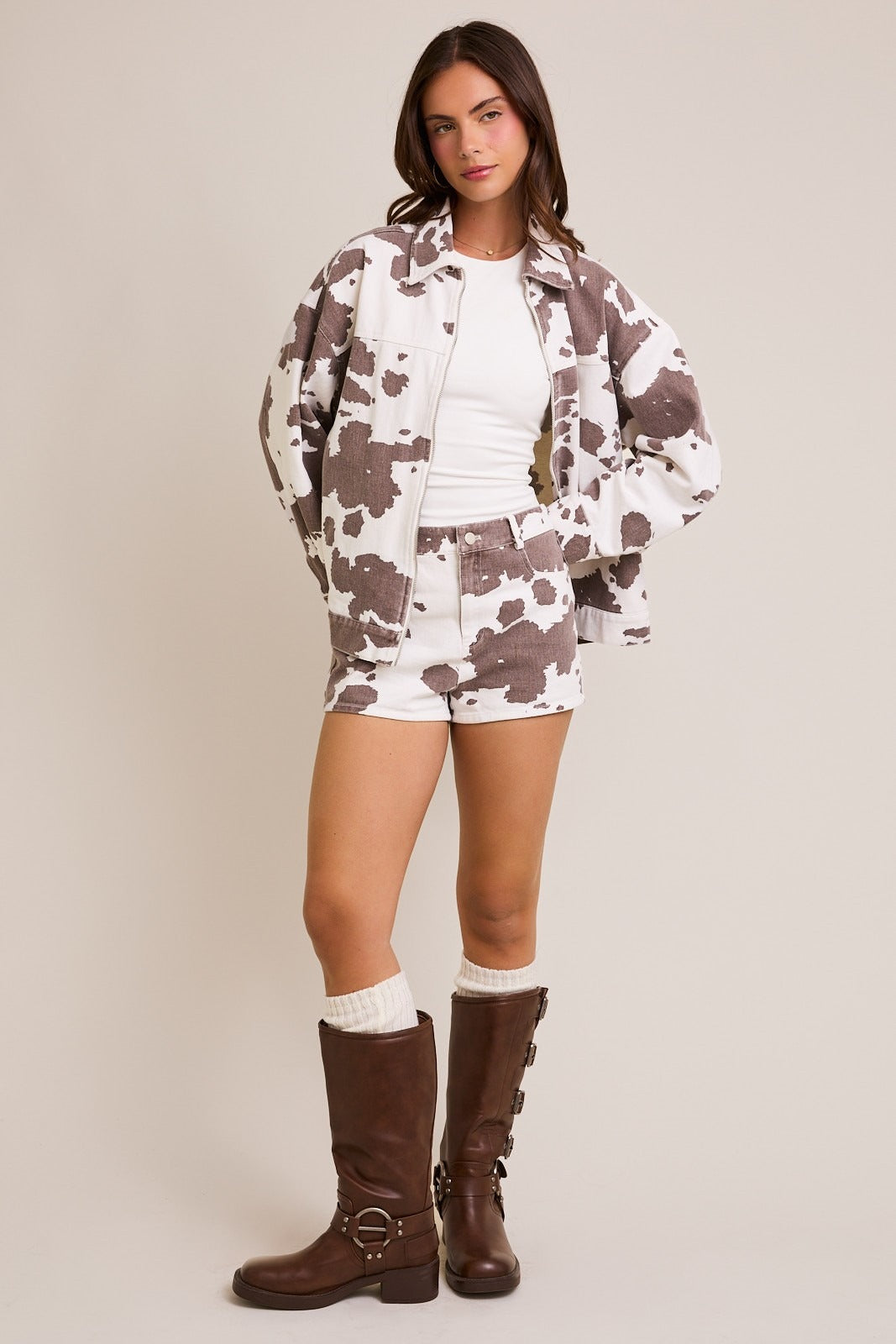 Oversized Denim Cow Print Zipper Utility Jacket - Le Lis - RARA Boutique 