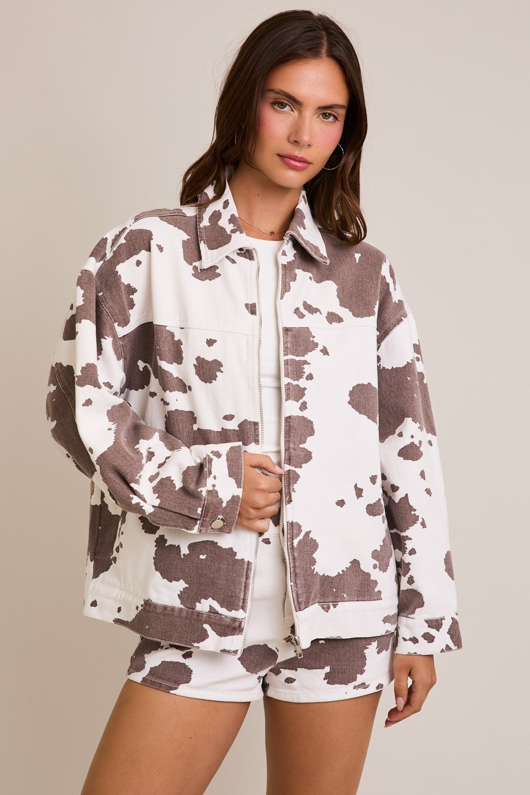 Oversized Denim Cow Print Zipper Utility Jacket - Le Lis - RARA Boutique 