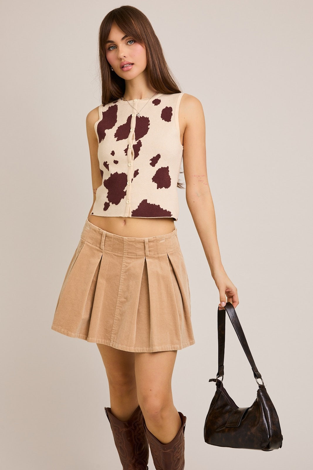 Cow Print Button Front Sleeveless Sweater Top - Le Lis - RARA Boutique 