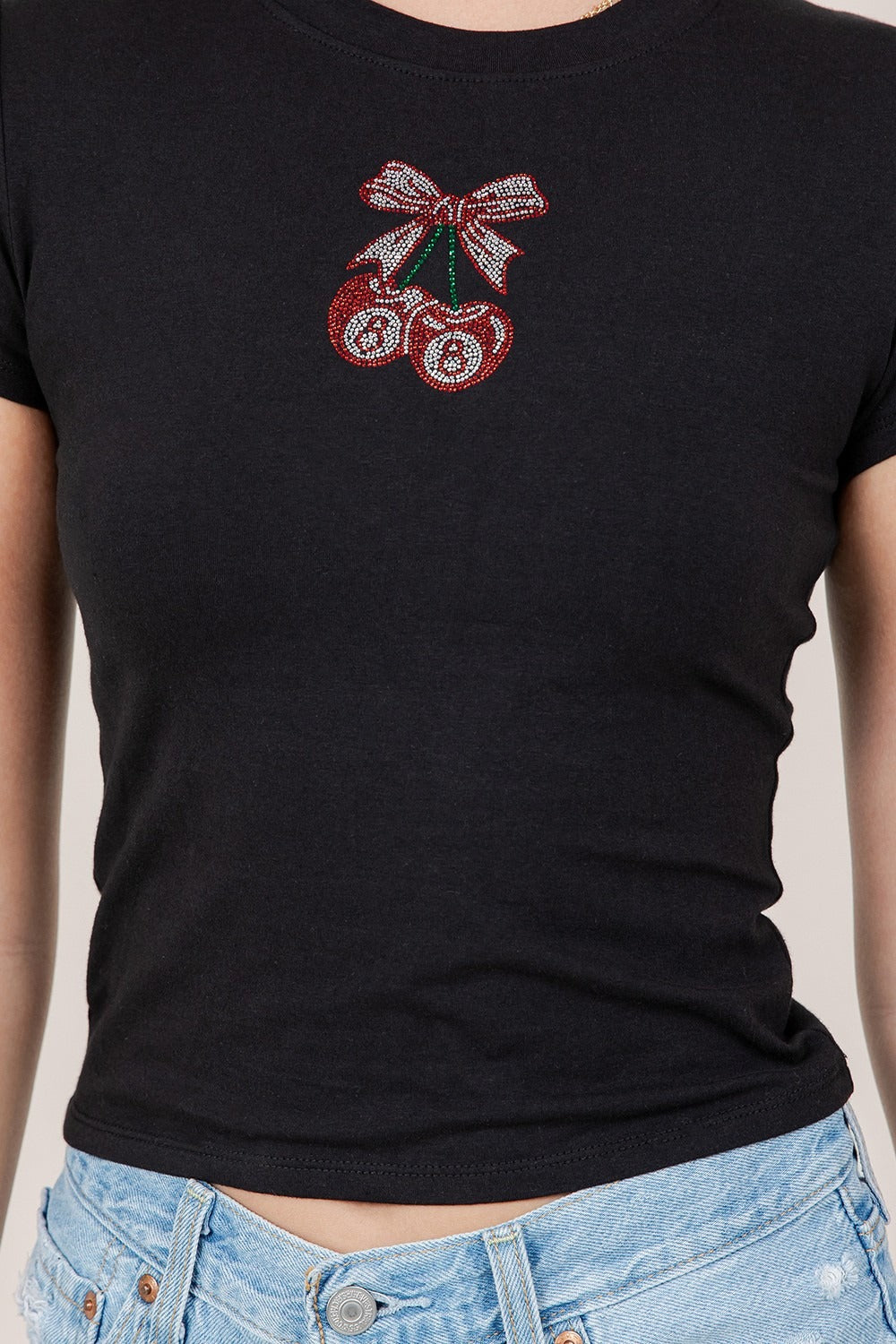 Bow Cherry Magic 8-Ball Rhinestone Baby Tee - RARA Boutique 