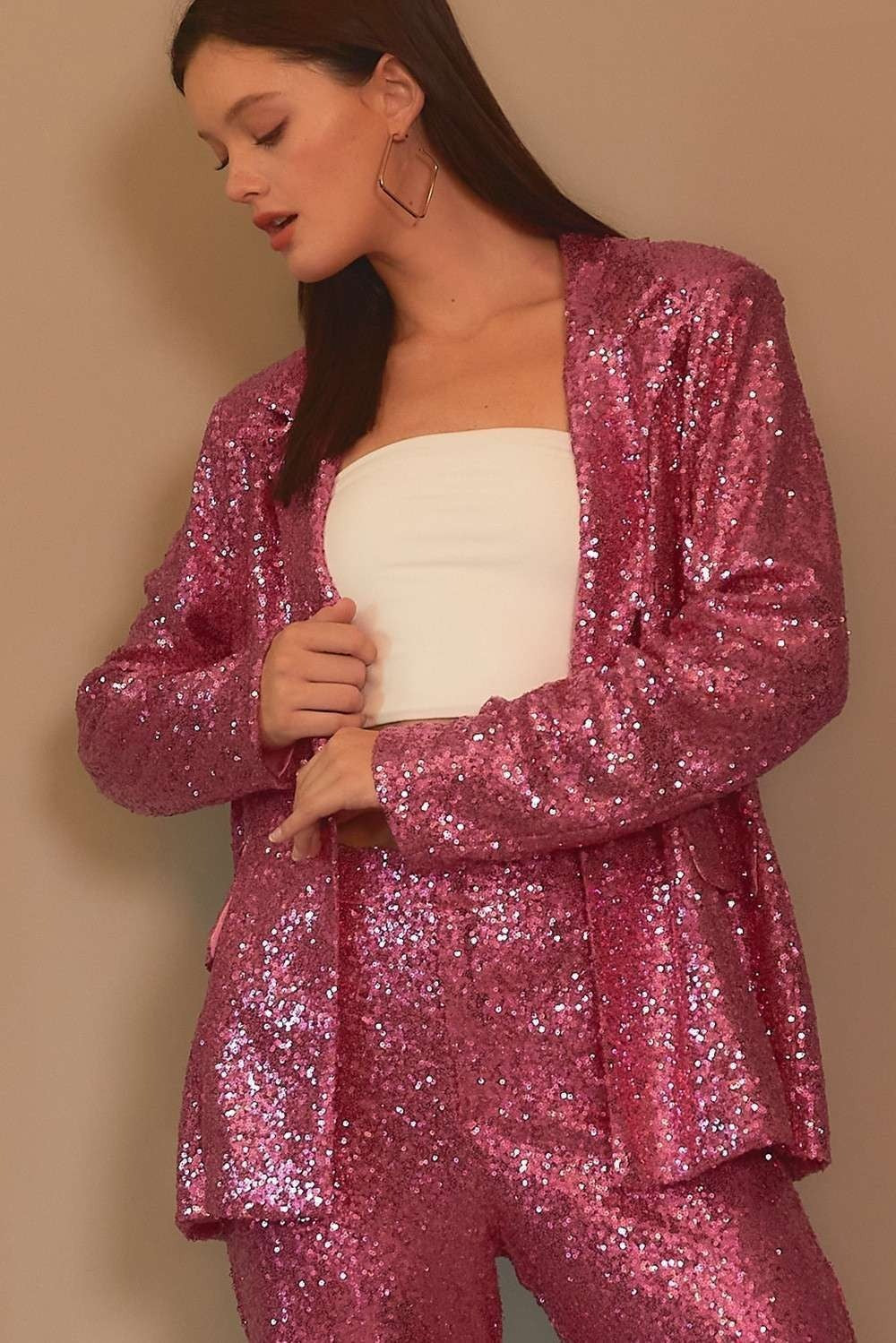 Notched Collar Neck Oversized Sequin Blazer Jacket - Main Strip - RARA Boutique 