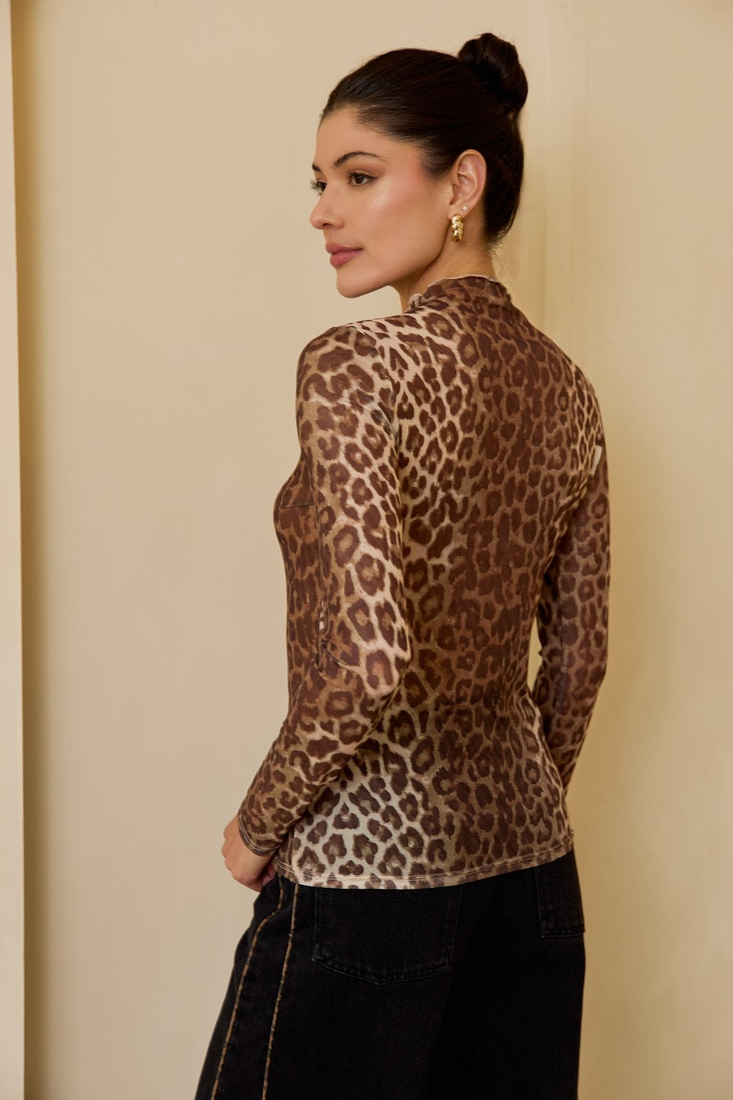 Mock Neck Long Sleeve Leopard Print Mesh Top - Sunday Edition - RARA Boutique 
