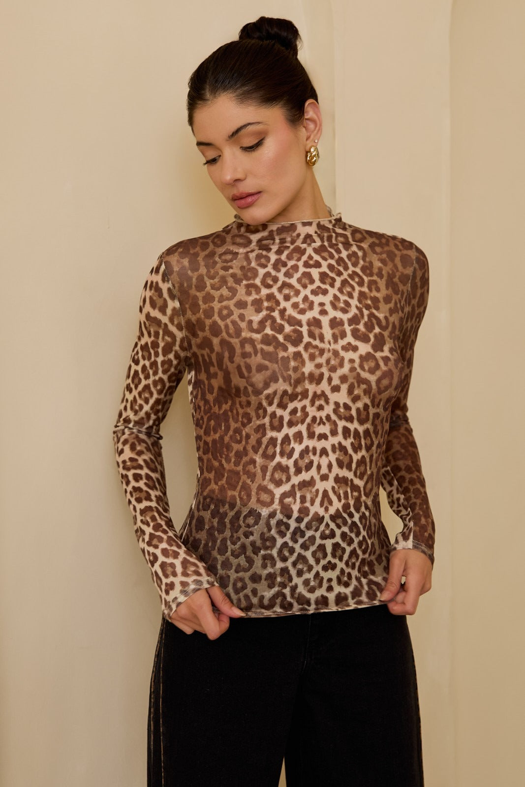 Mock Neck Long Sleeve Leopard Print Mesh Top - Sunday Edition - RARA Boutique 