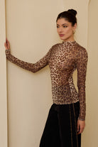 Mock Neck Long Sleeve Leopard Print Mesh Top - Sunday Edition - RARA Boutique 