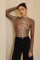 Mock Neck Long Sleeve Leopard Print Mesh Top - Sunday Edition - RARA Boutique 