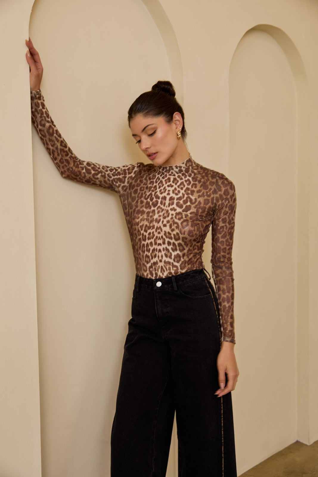 Mock Neck Long Sleeve Leopard Print Mesh Top - Sunday Edition - RARA Boutique 