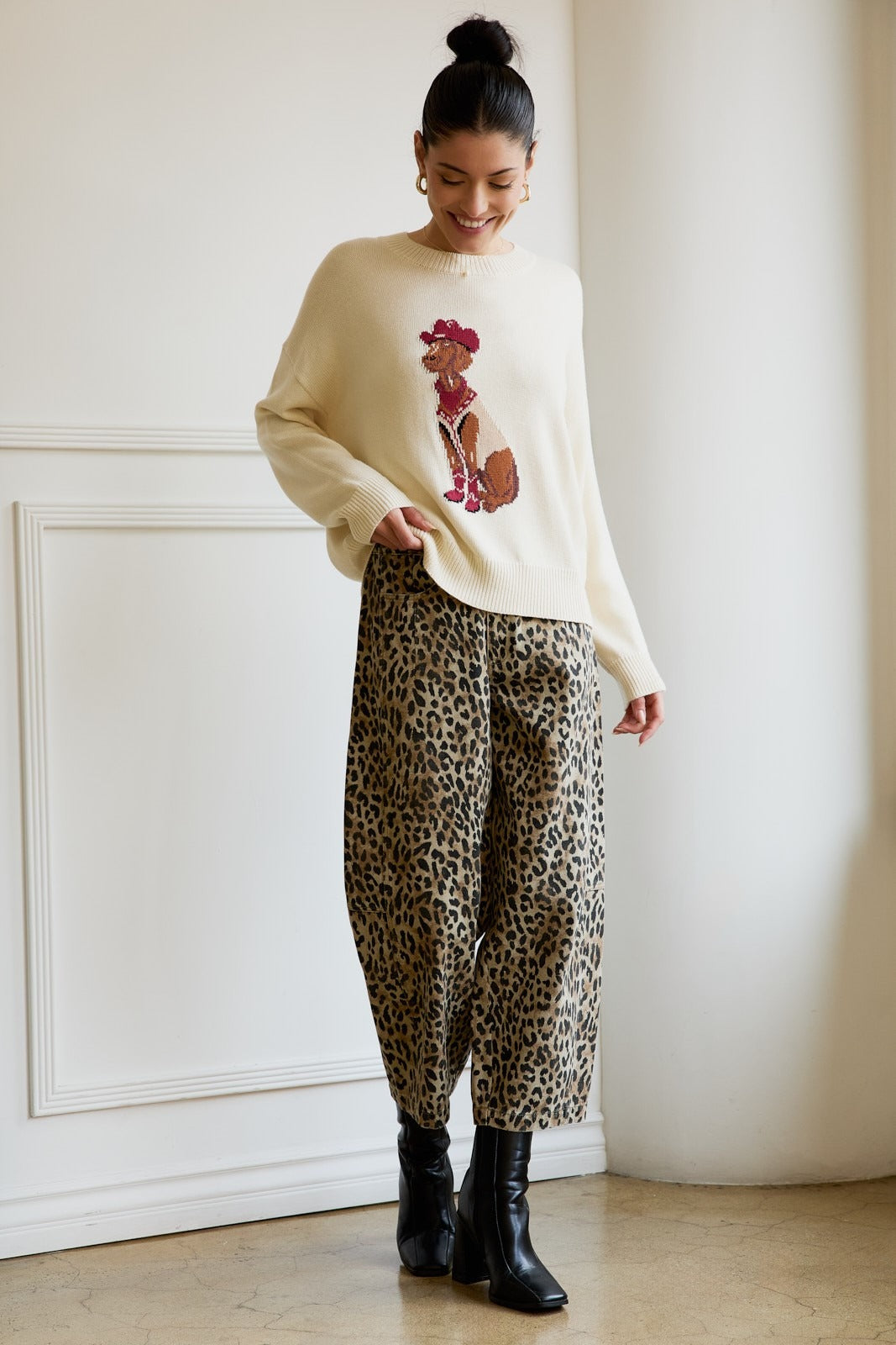 High Waist Leopard Print Barrel Jeans with Elastic Waist - Sunday Edition - RARA Boutique 