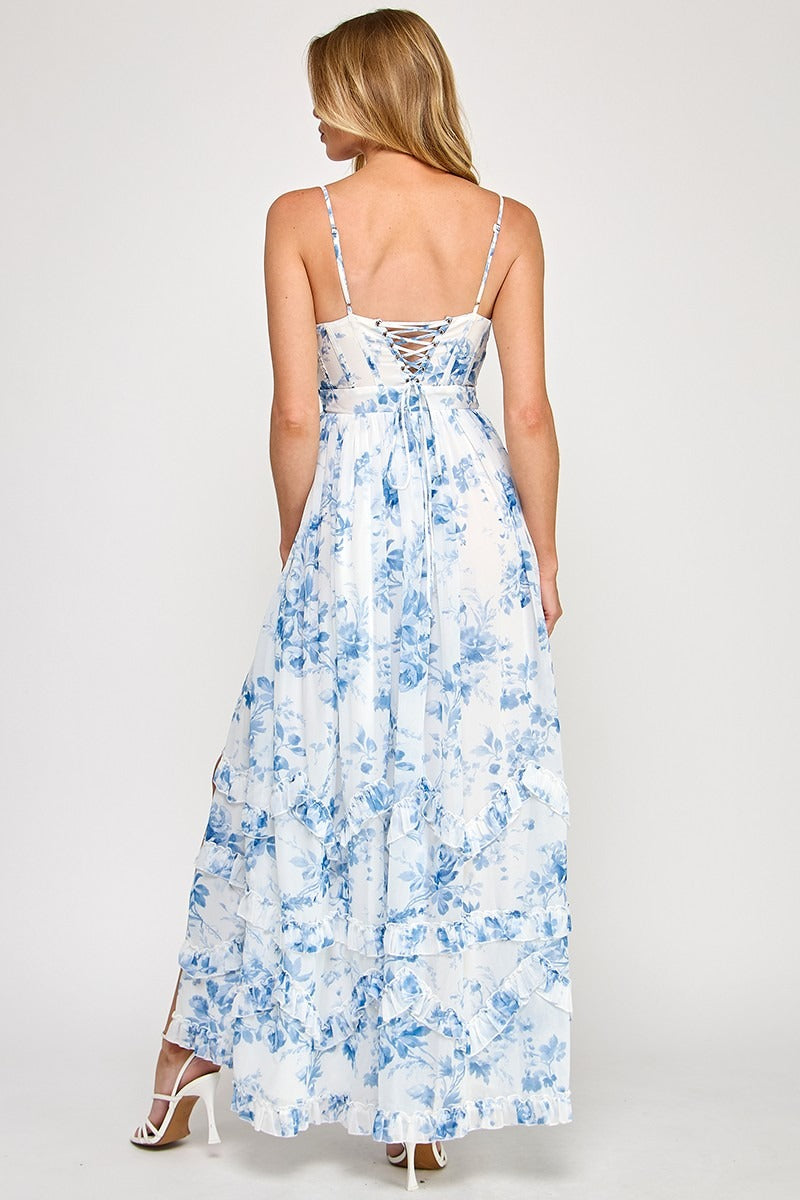 Floral Print Chiffon Corset Frill Maxi Dress with Leg Slit - RARA Boutique 