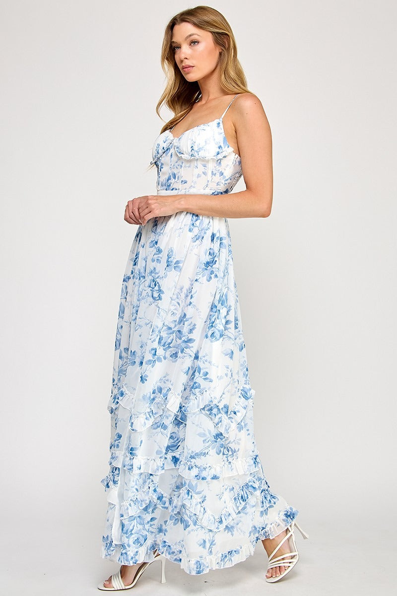 Floral Print Chiffon Corset Frill Maxi Dress with Leg Slit - RARA Boutique 