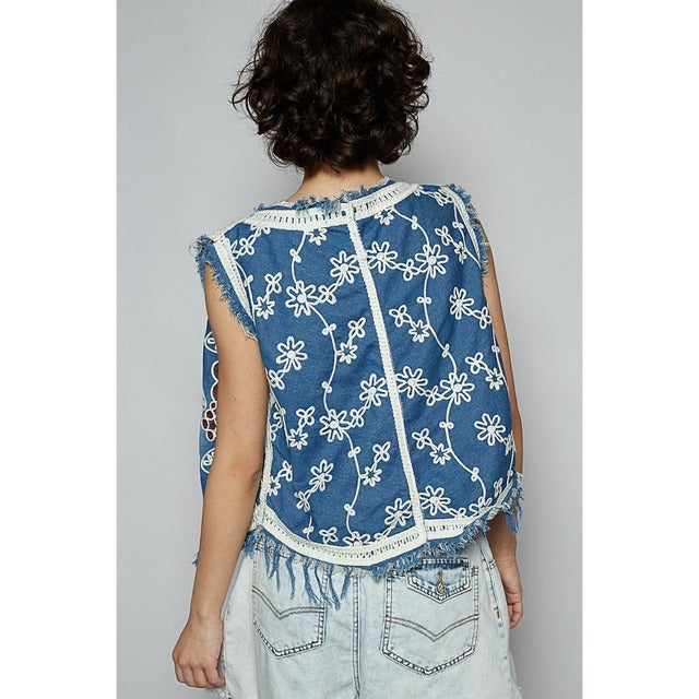 RARA Boutique embroidered floral frayed hem denim vest, stylish sleeveless jacket with colorful floral embroidery and distressed hem detailing.