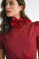 3D Floral Trim High Neck Short Sleeve Midi Dress - EB Luxe - RARA Boutique 