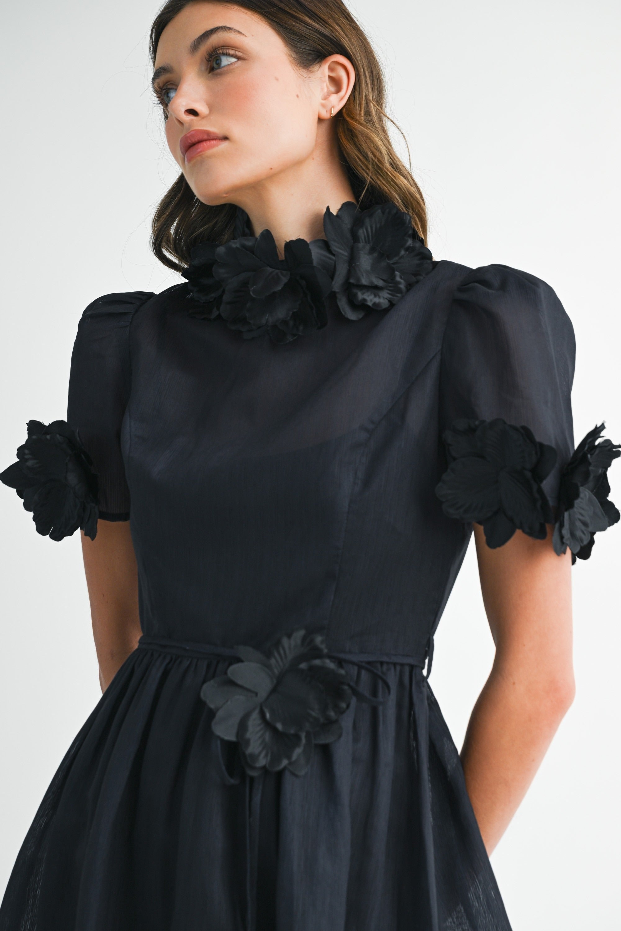 3D Floral Trim High Neck Short Sleeve Midi Dress - EB Luxe - RARA Boutique 