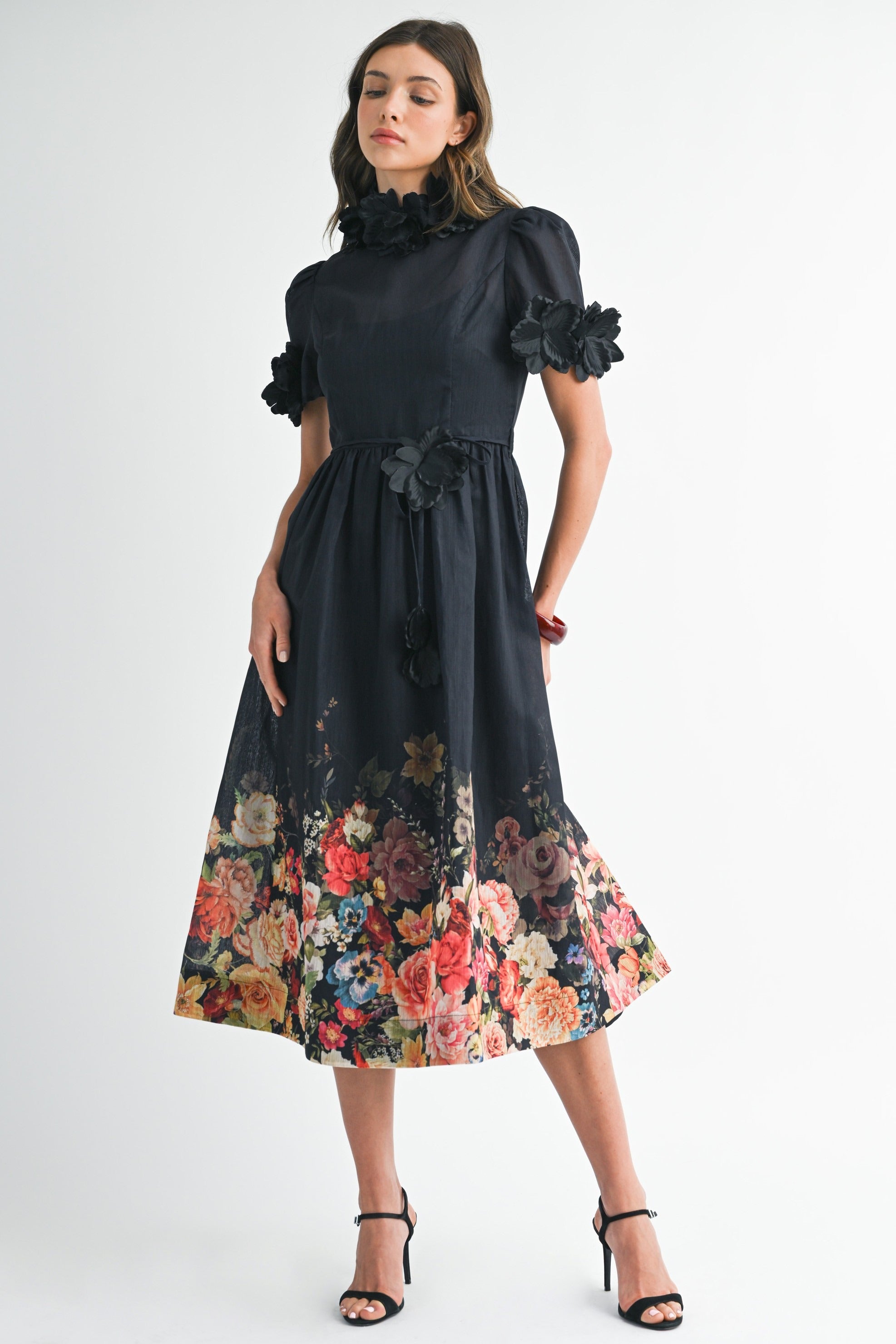 3D Floral Trim High Neck Short Sleeve Midi Dress - EB Luxe - RARA Boutique 