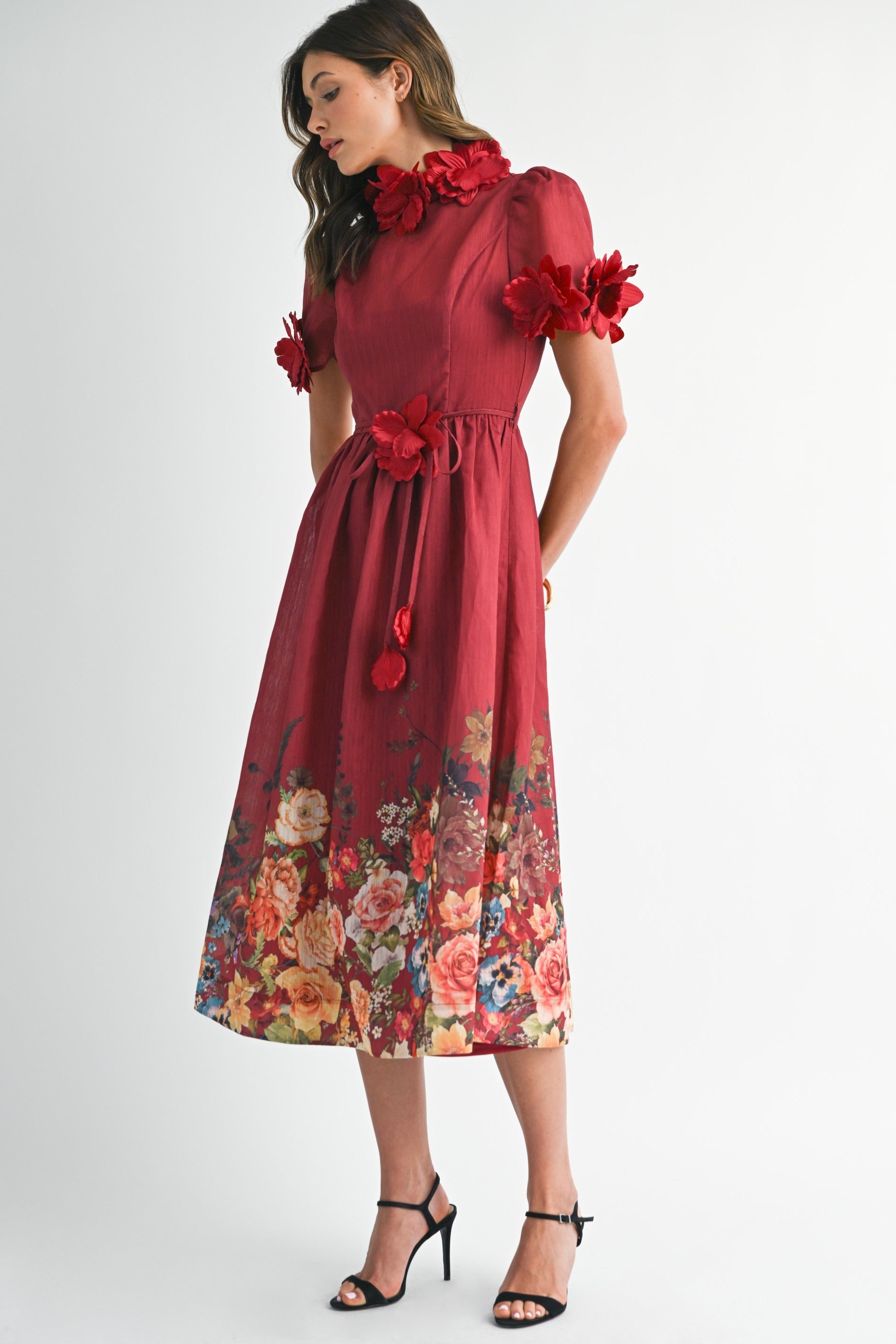 3D Floral Trim High Neck Short Sleeve Midi Dress - EB Luxe - RARA Boutique 