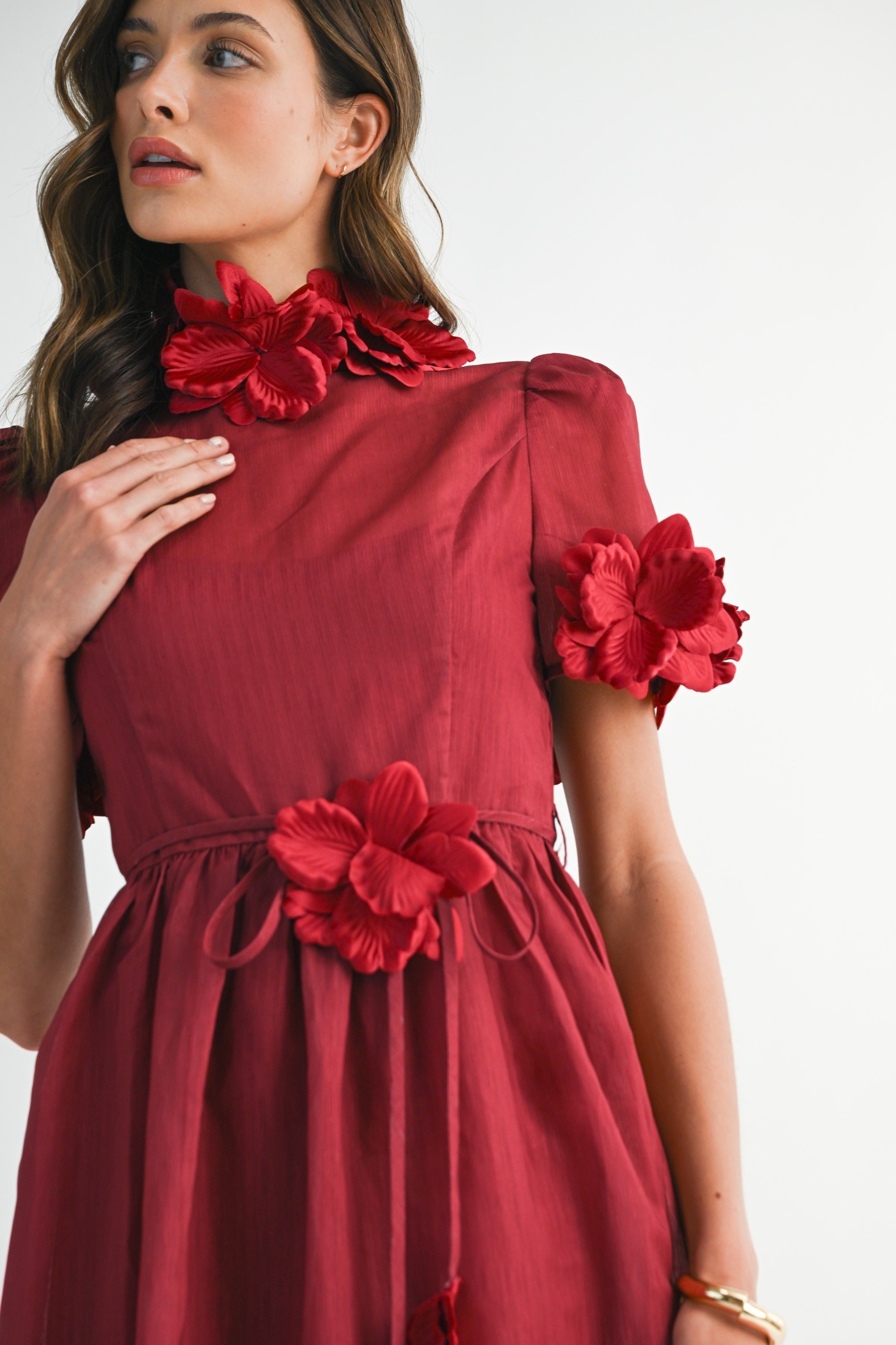 3D Floral Trim High Neck Short Sleeve Midi Dress - EB Luxe - RARA Boutique 